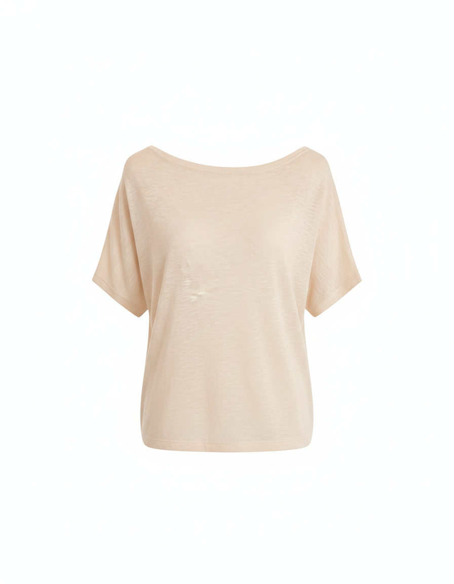 Cream knit top with a one-shoulder neckline and regular fit on a female model