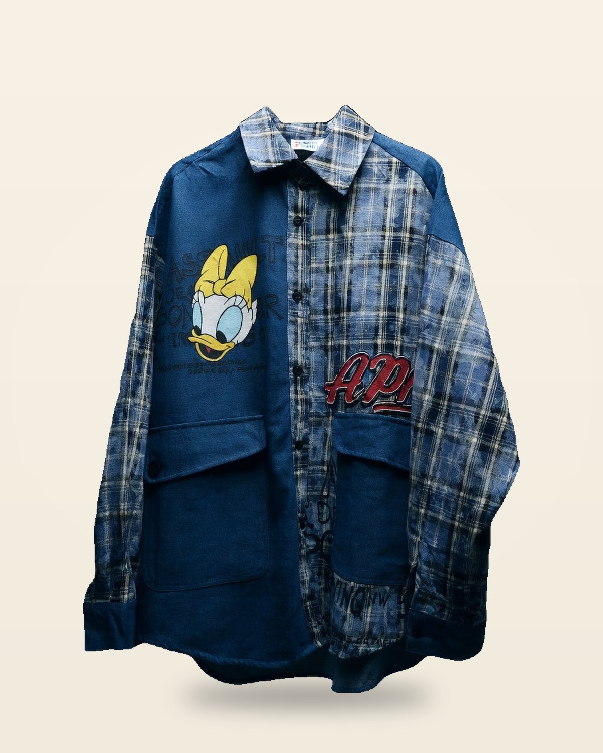 Denim Cartoon Print Oversized Shirt — Premium Cotton Blend