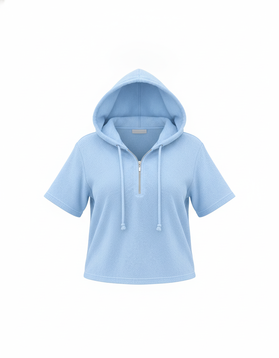 Blue oversized women’s top with hood, half-zip neckline, short sleeves, and drawstrings
