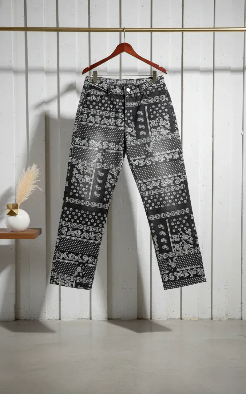 SANKI Paisley Patchwork Black Baggy Bottom Jeans - Sanki