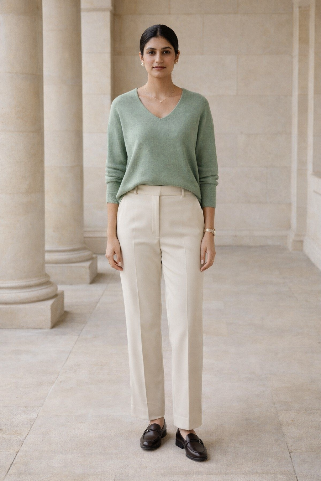 Green women's knit top with V-neckline and dropped shoulders hanging on a wooden hanger