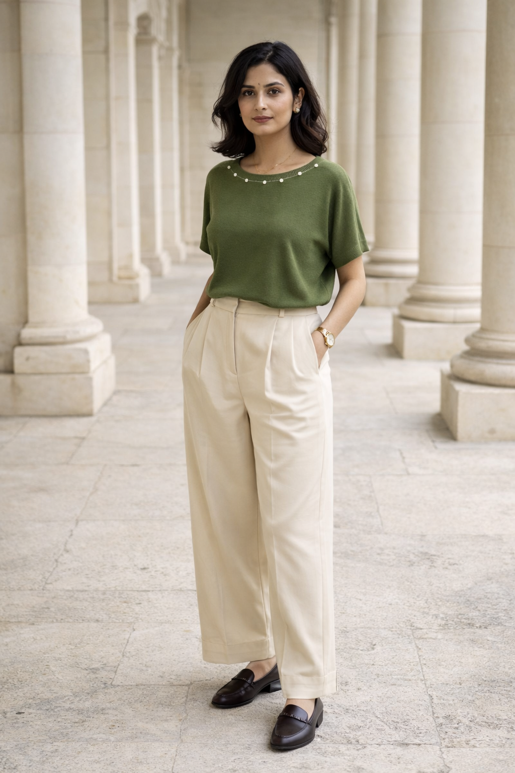 Green women’s crew-neck top with decorative buttons along the neckline by SANKI