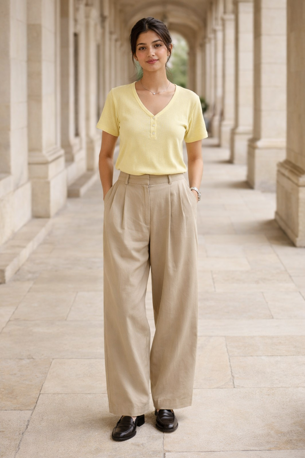 Yellow oversized women's shirt with V-neck and short sleeves