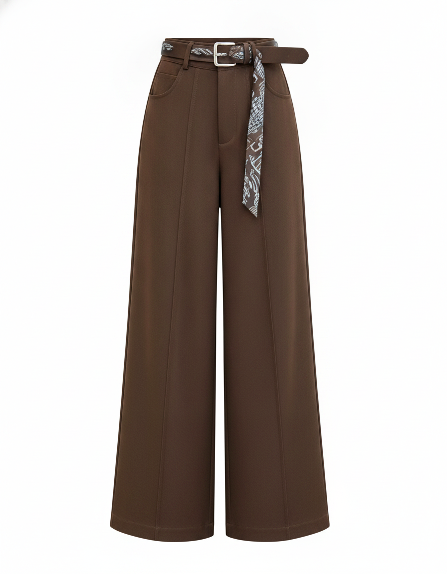 Brown women's baggy fit trousers with side pockets and patterned brown and grey belt
