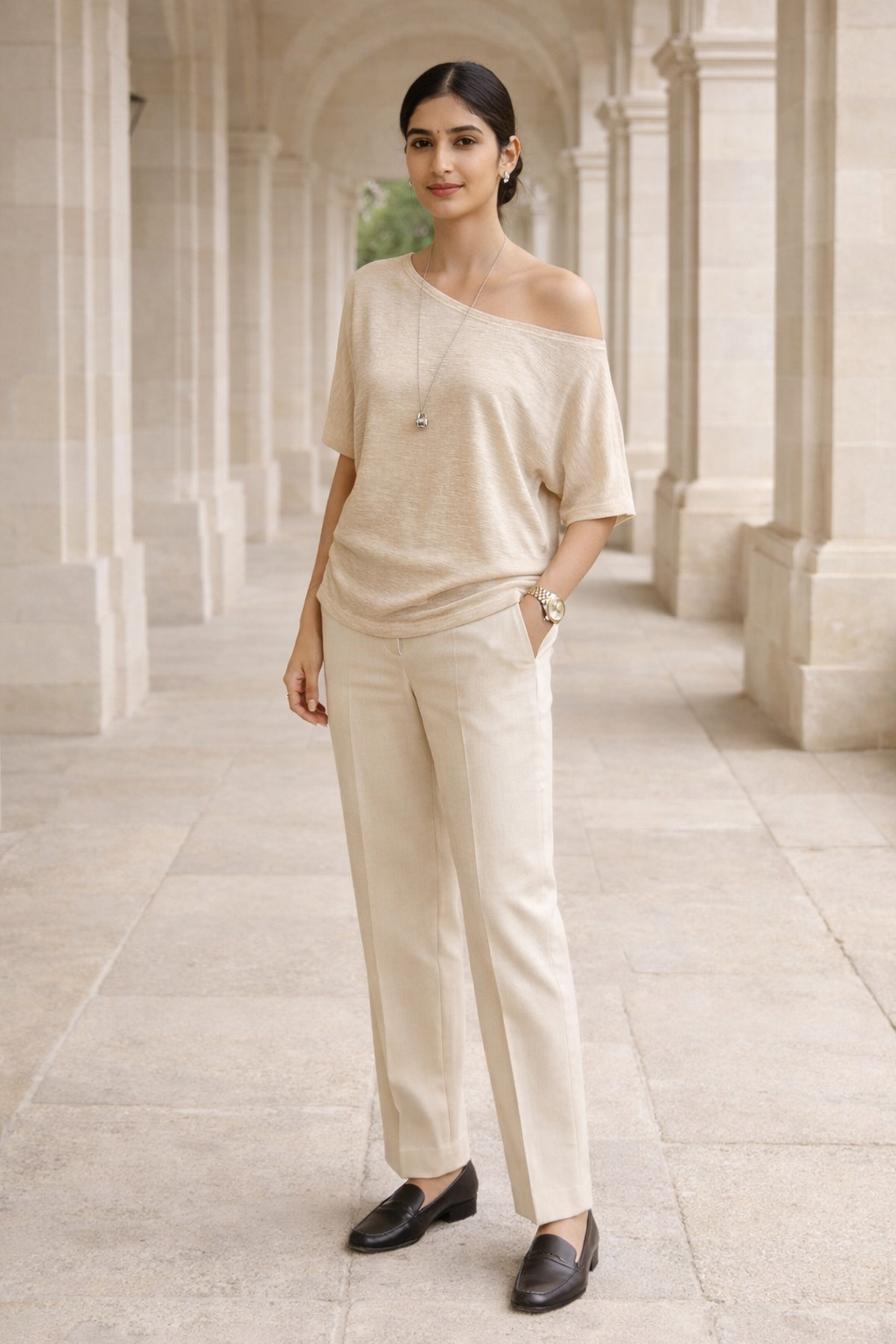 Cream knit top with a one-shoulder neckline and regular fit on a female model
