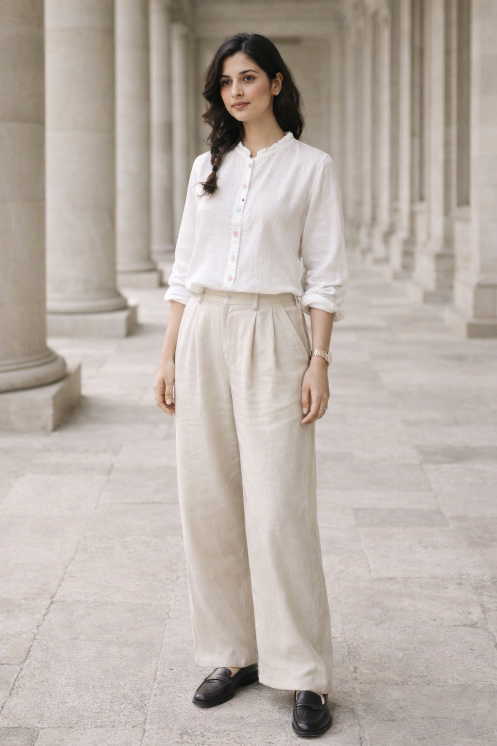 Women's white top with frilled collar and multicolor button-detail placket, long sleeves rolled up, worn with beige wide-leg pants.