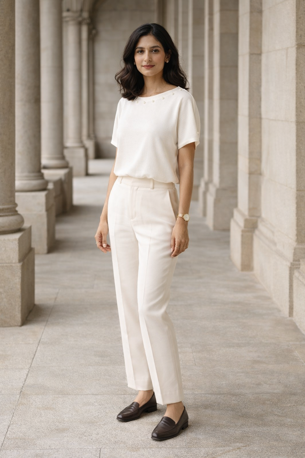 White women's knit top with boat neckline and pearl details along the neckline and sleeves, worn with cream trousers