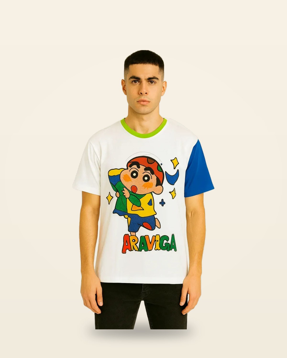 Embroidered Cartoon Character Oversized Tee — Color Block Sleeves