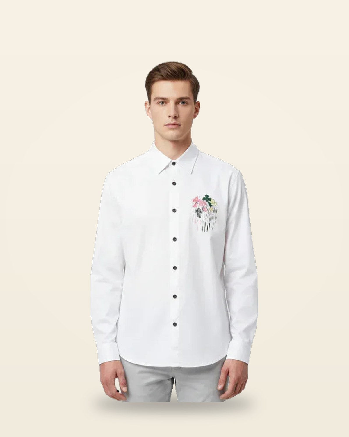 Embroidered Motif Shirt — White Full Sleeve Fit