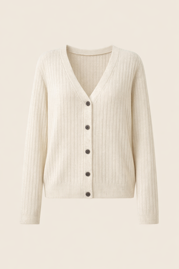 SANKI Cream Regular Fit Ribbed Knit With V-Neck And Buttons Top for Women