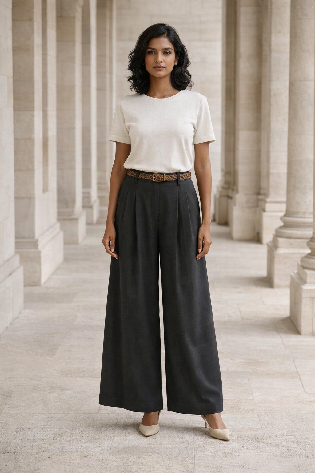 Grey women's baggy fit wide-leg trousers with pleats and leopard print belt