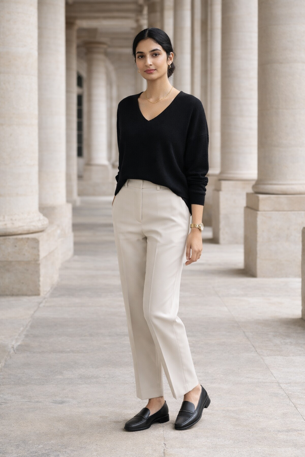 Black women's knit top with V-neckline, long sleeves, and ribbed trim on cuffs and hem