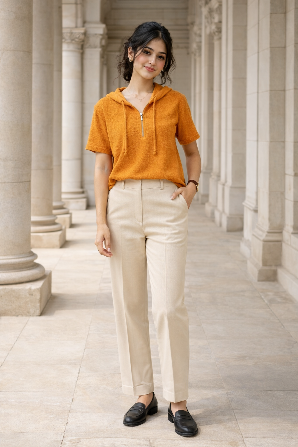 Orange oversized short sleeve hooded top with half-zip and drawstring hood worn by woman