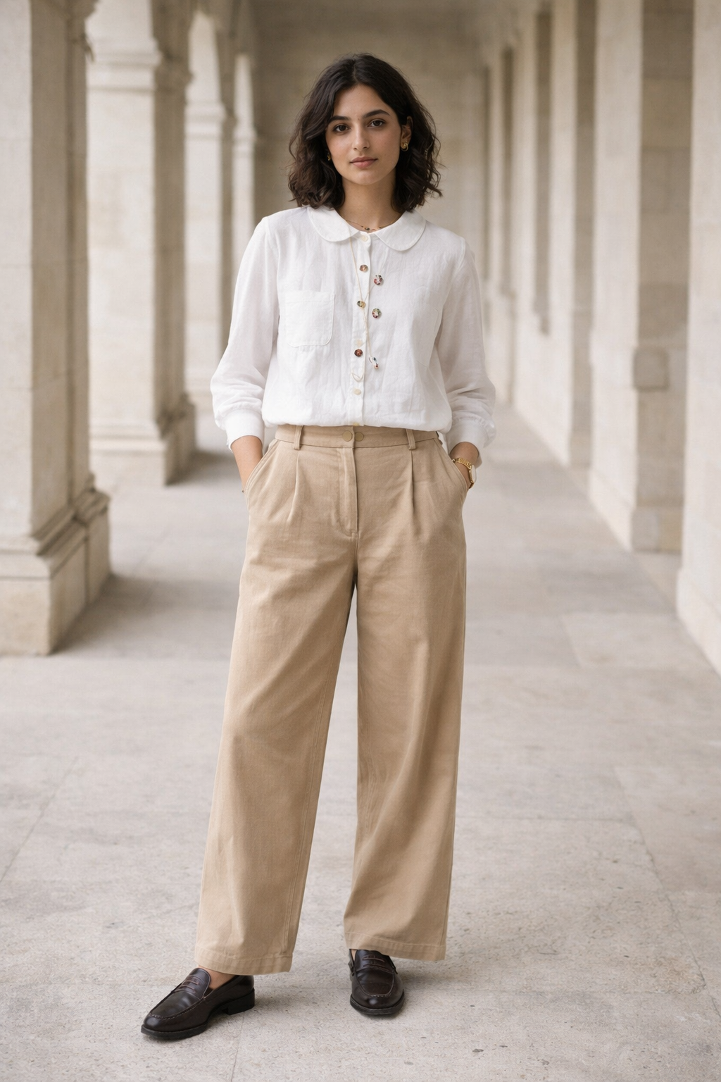 White oversized women's top with Peter Pan collar, button-detail front placket, long sleeves, and a chest pocket