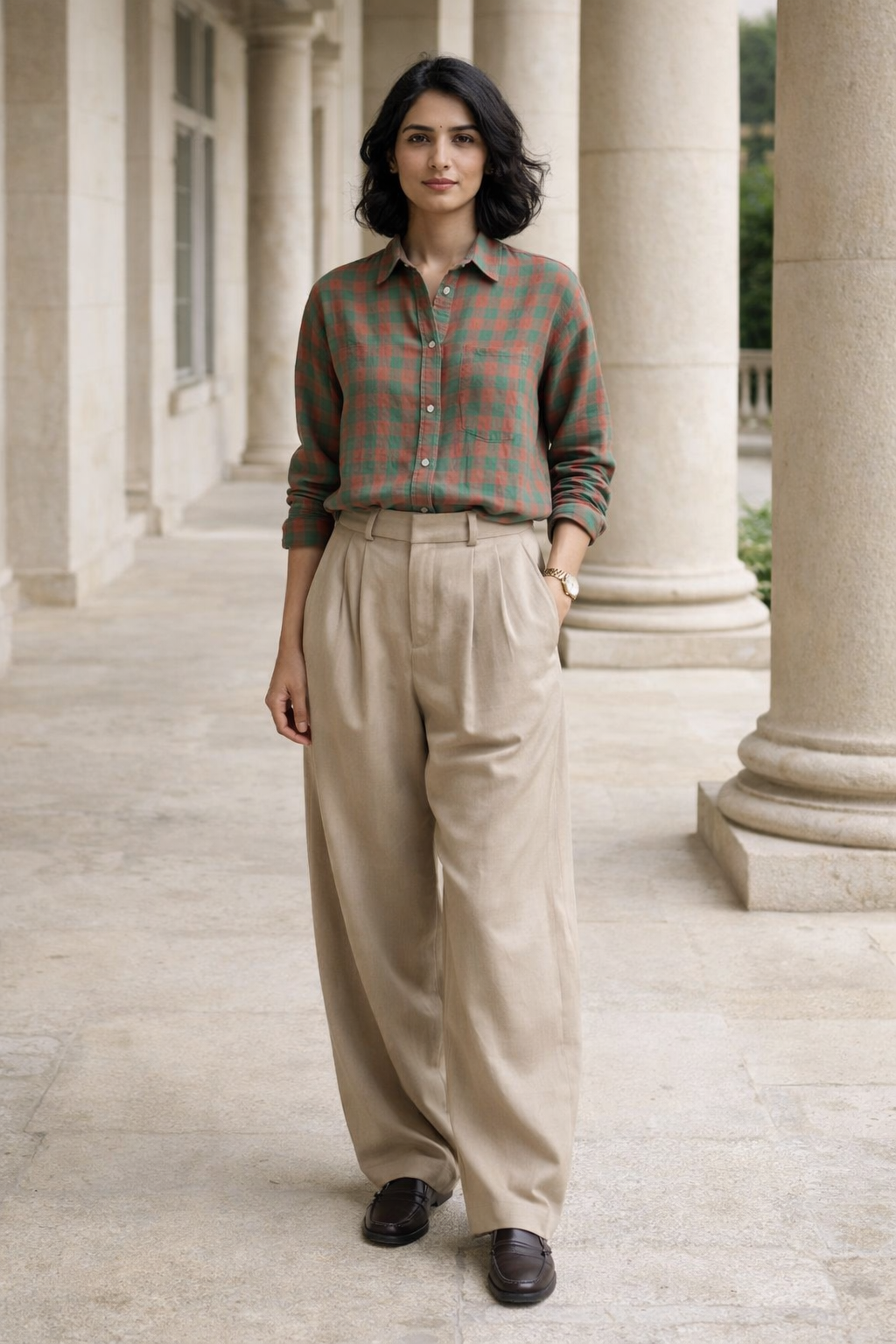 Green checked shirt with a classic collar and button trim down the front, worn by a woman with sleeves rolled up