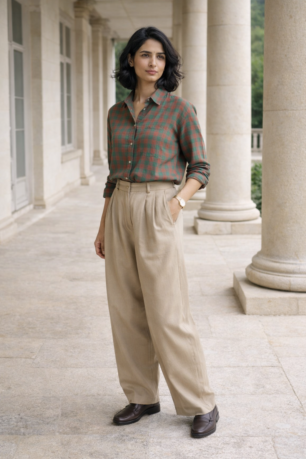 Green checked shirt with a classic collar and button trim down the front, worn by a woman with sleeves rolled up