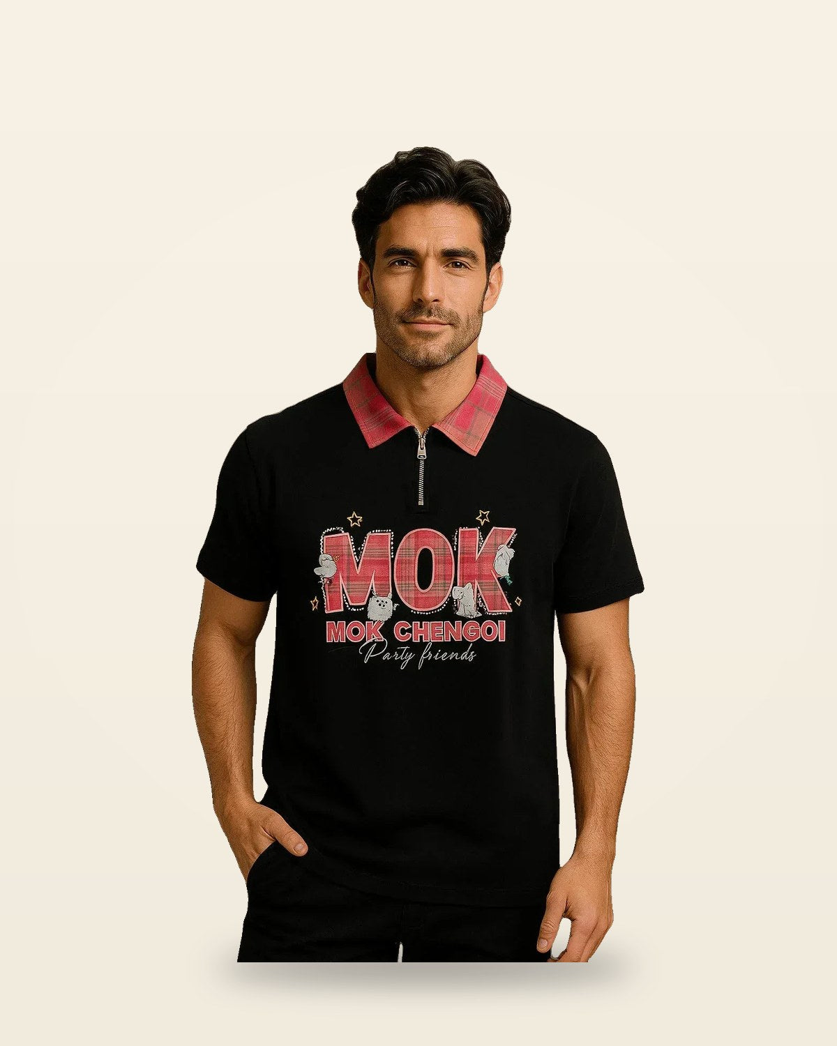 Funky Collar Fit — Black Tee with Plaid Zip Neck