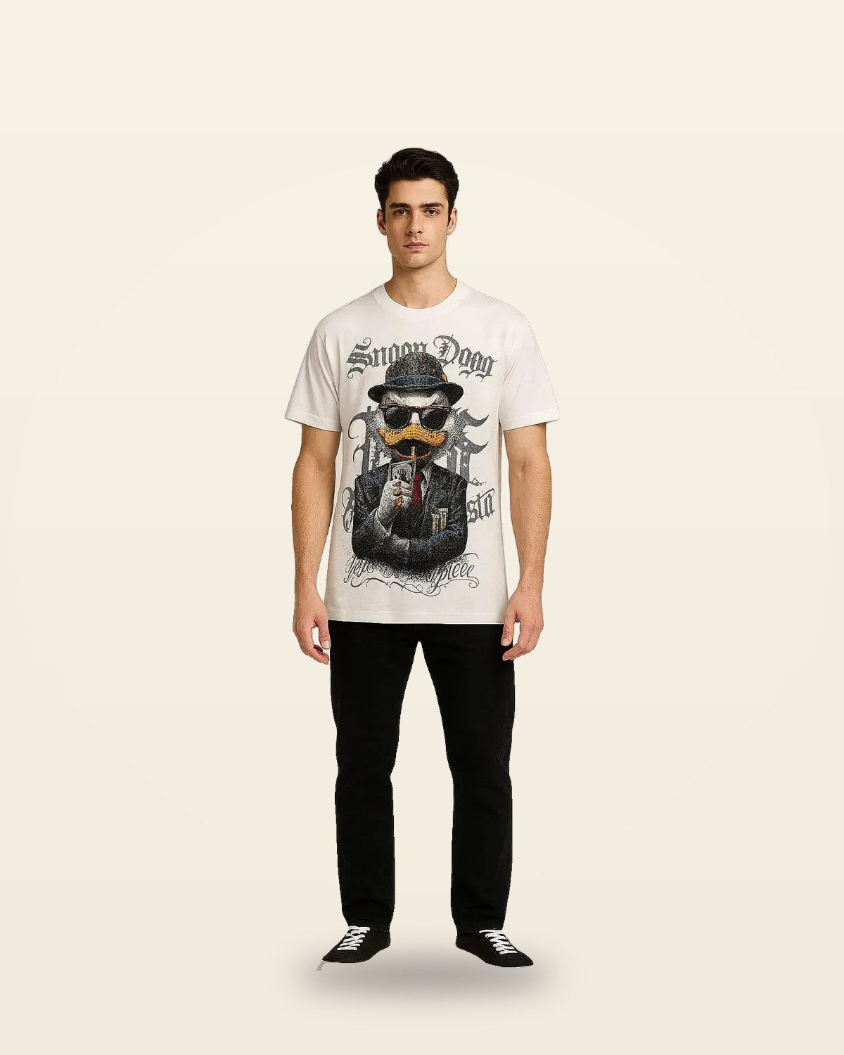 Gangster Duck Cartoon Drop Shoulder Tee — White Premium Cotton