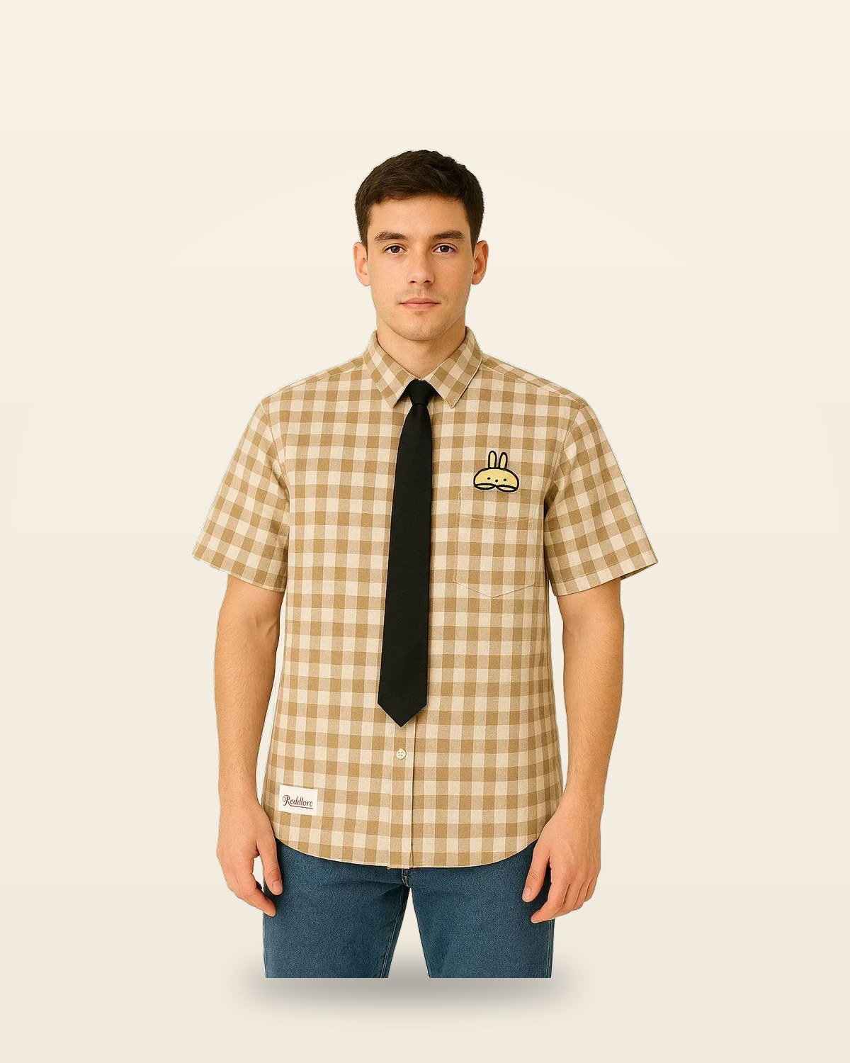 Gingham Check Shirt — Embroidered Bunny Motif