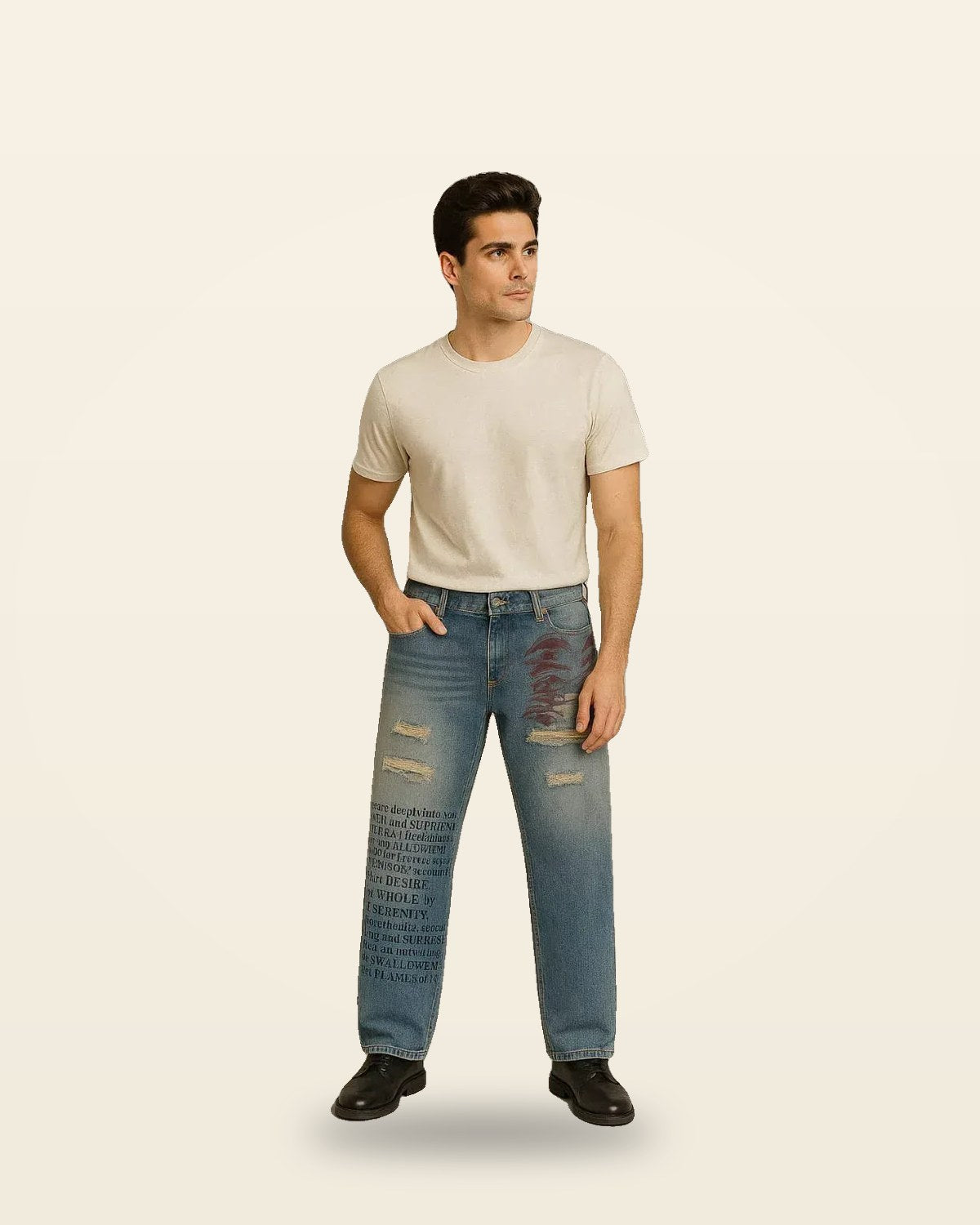 Graphic Print Denim Jeans — Distressed Mid-Blue Wash