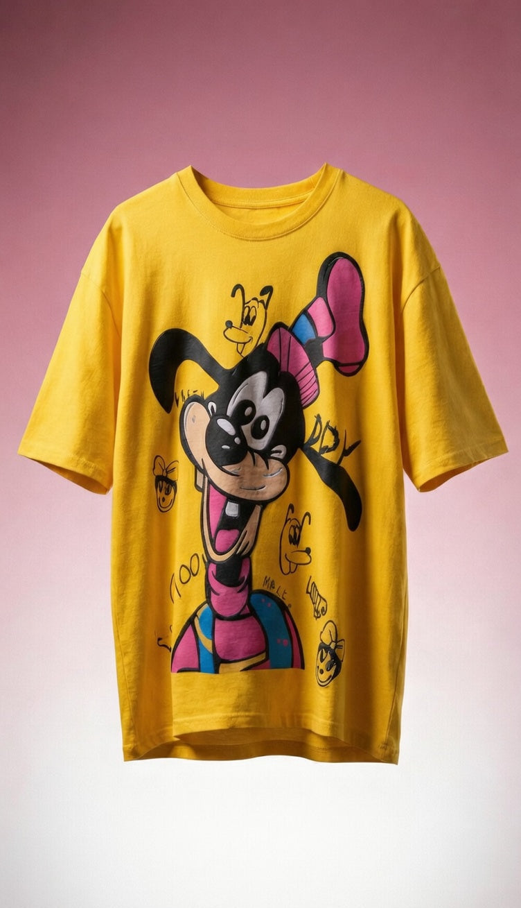 Yellow t-shirt with cartoon character design on a pink background