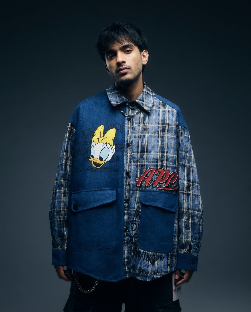 Denim Cartoon Print Oversized Shirt — Premium Cotton Blend — view 2