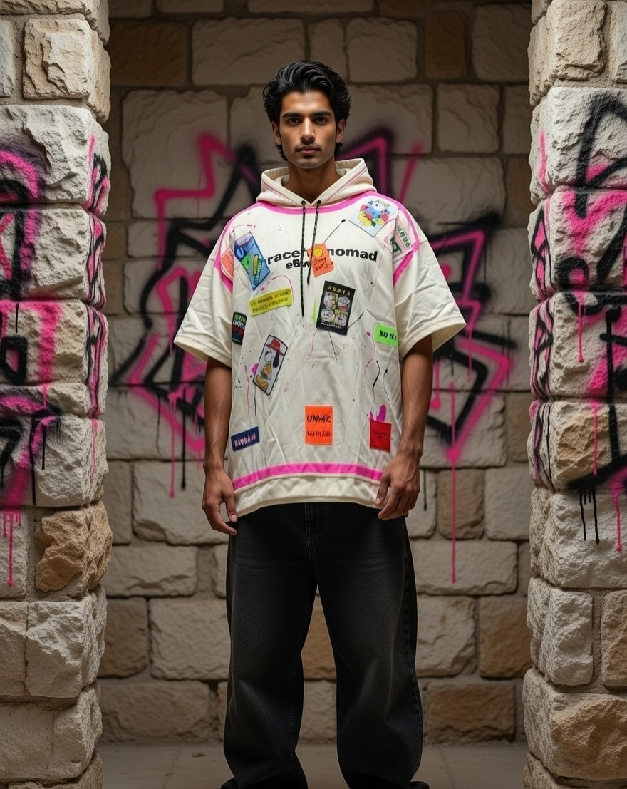 Urban Patch Hooded Tee — Fuchsia Print on Cream — view 2