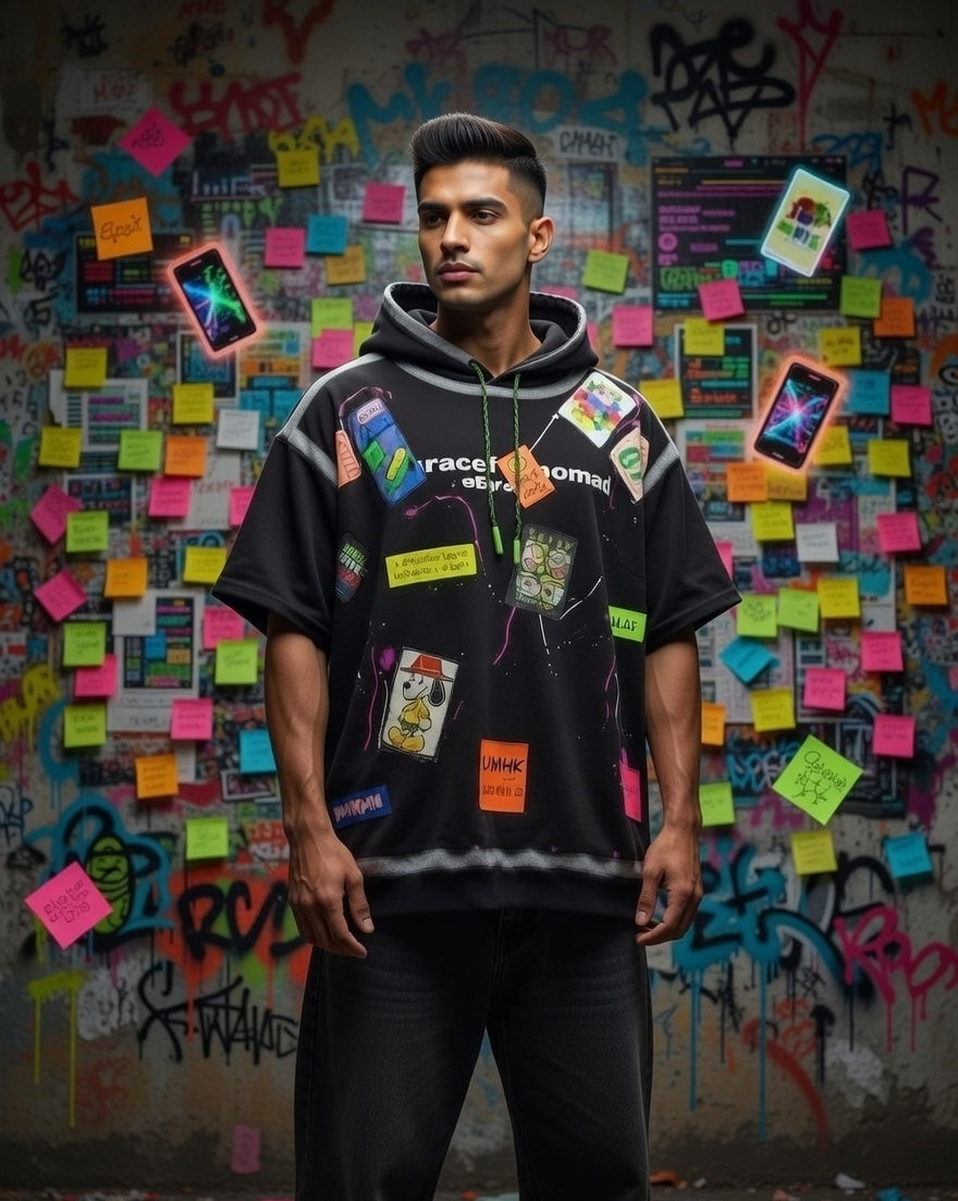 Fuchsia Patch Oversized Hoodie Tee — Black Premium Streetwear — view 3