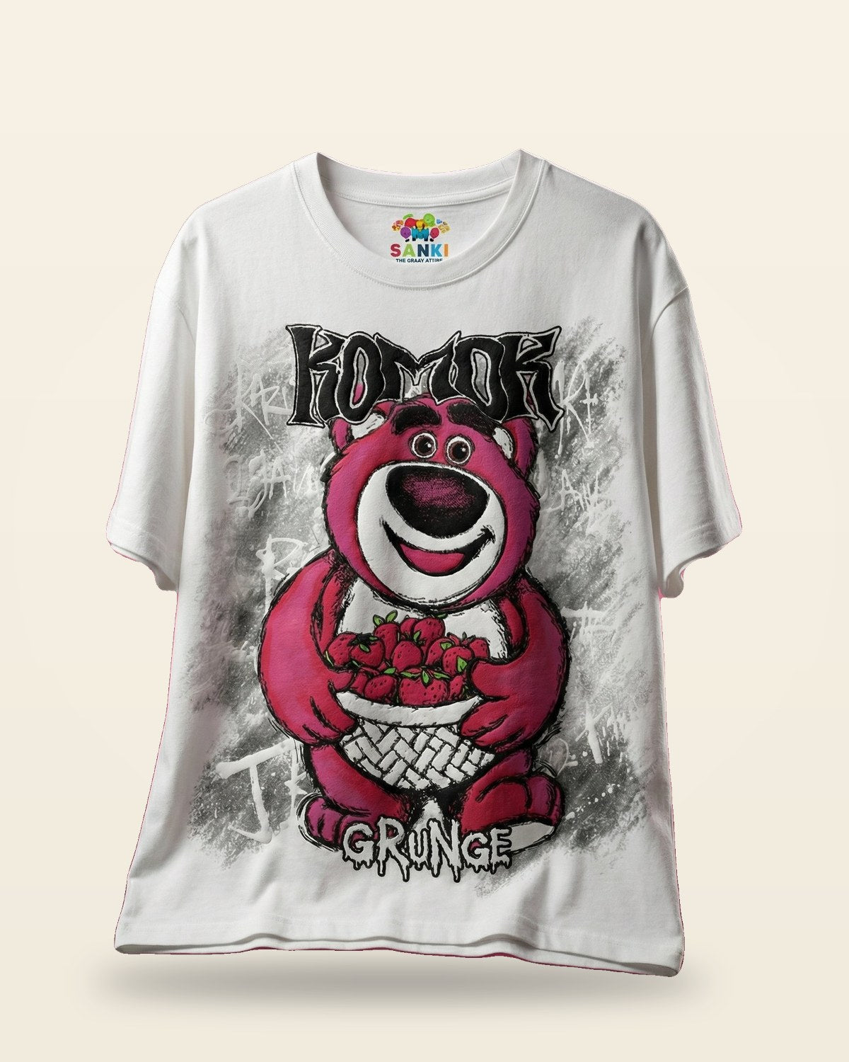 Grunge Bear Graphic Tee — Oversized White Fit