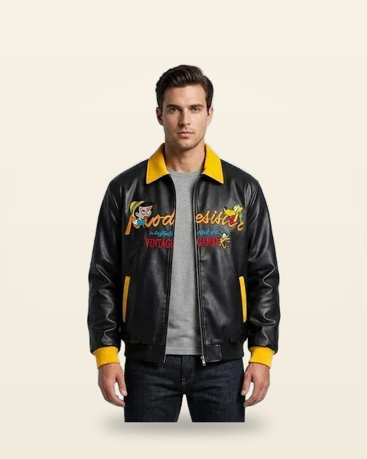 Illustrated Character veganvegan leather Jacket — Contrast Collar