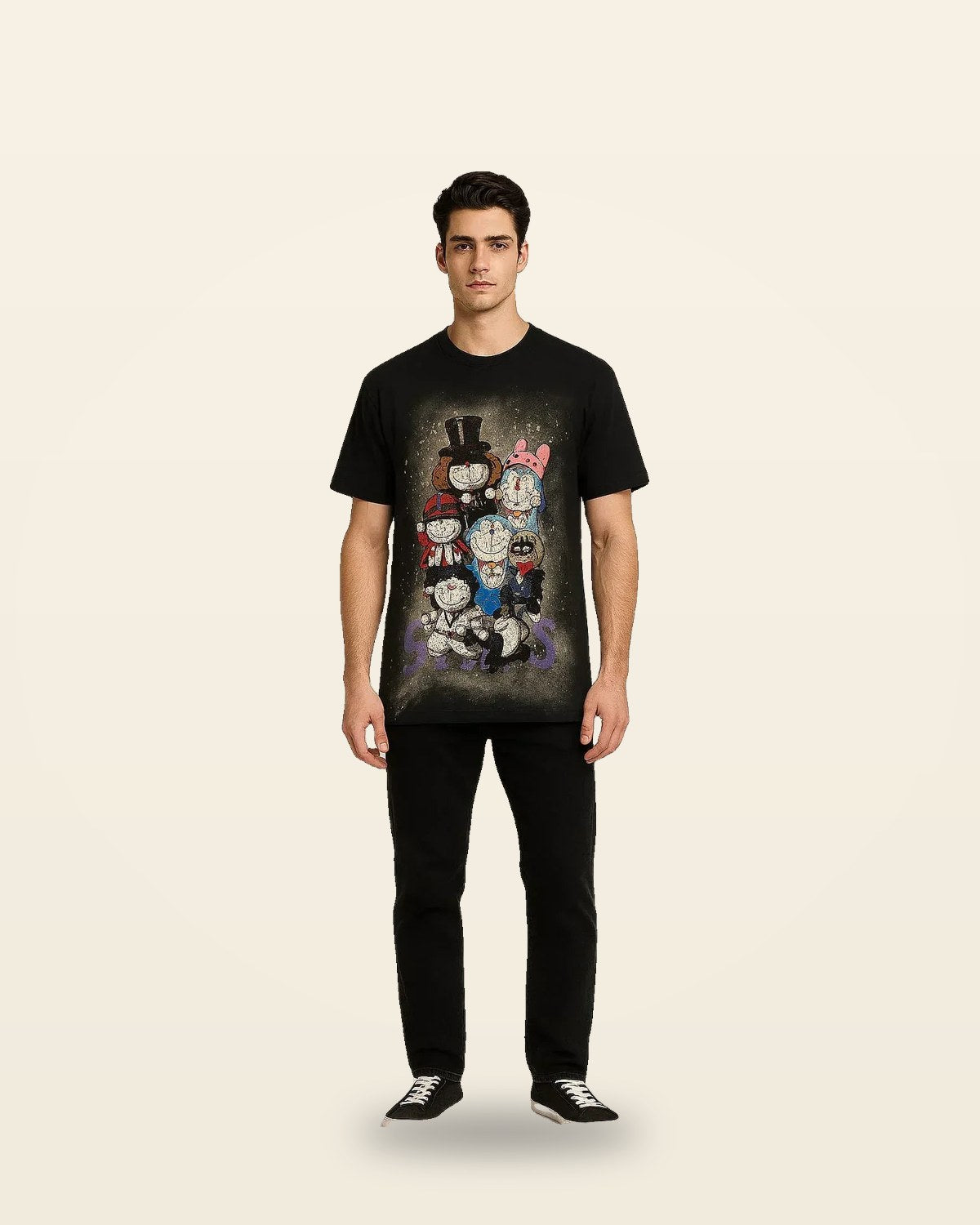 Illustrated Crew Drop-Shoulder Tee — Black Oversized Fit