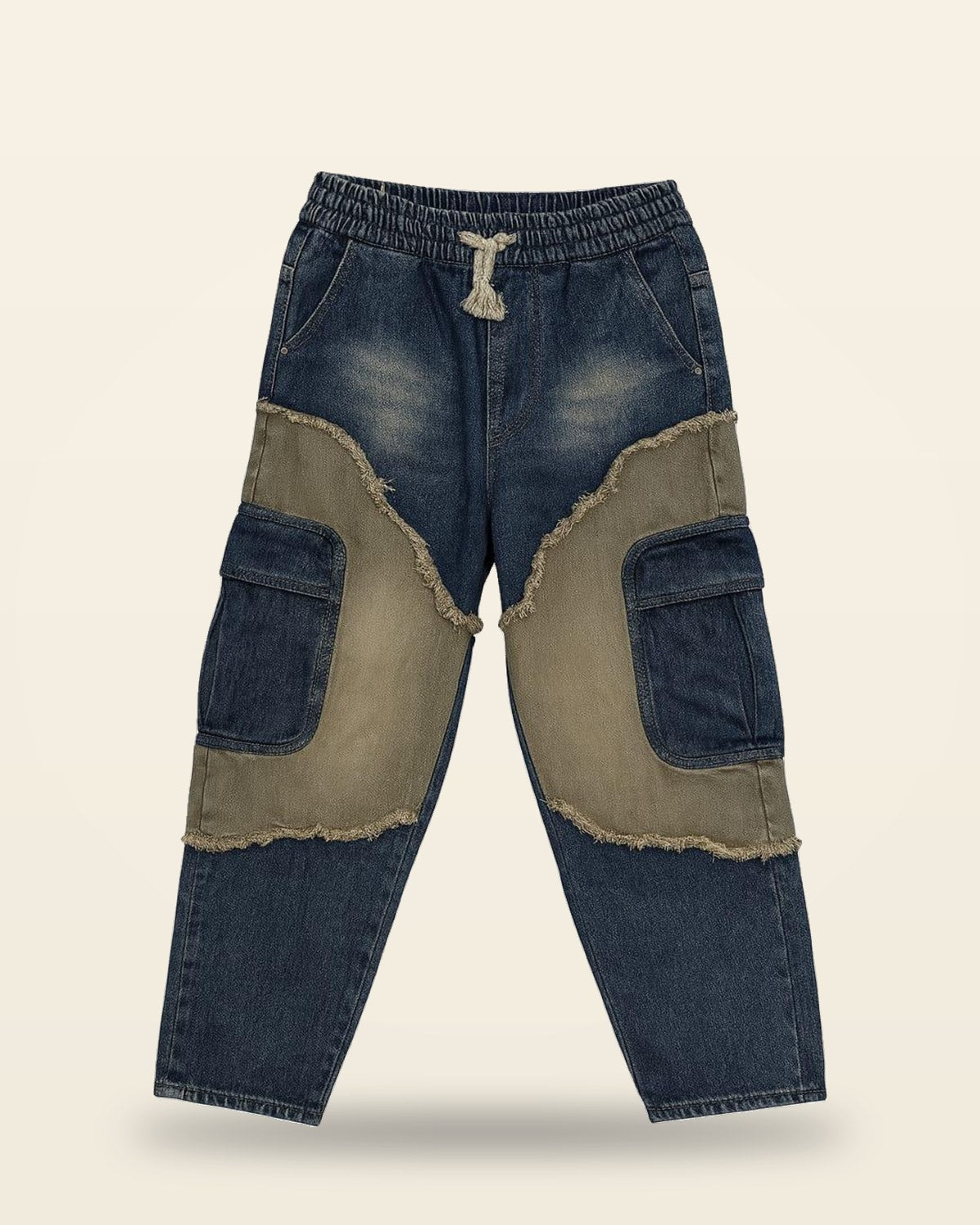Indigo Cargo Jogger Jeans — Olive Patchwork Raw Hem