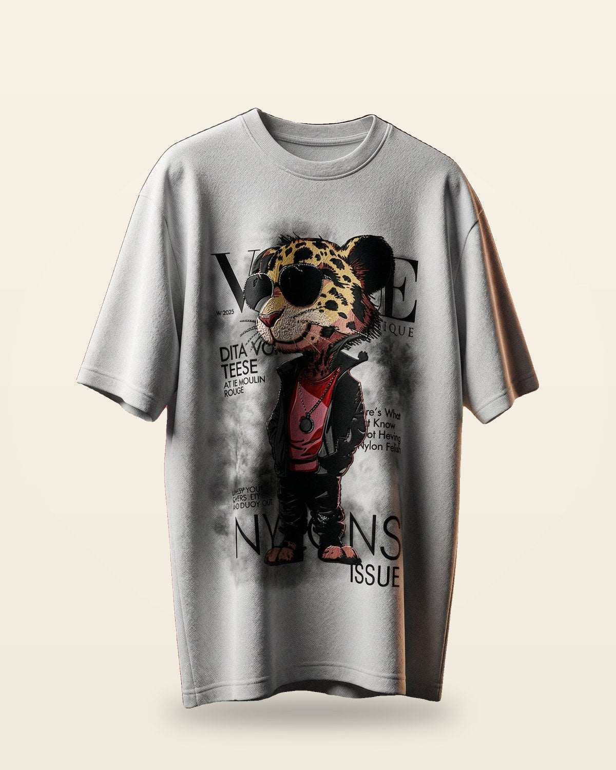 Leopard Character Graphic Tee — Grey Oversized Fit