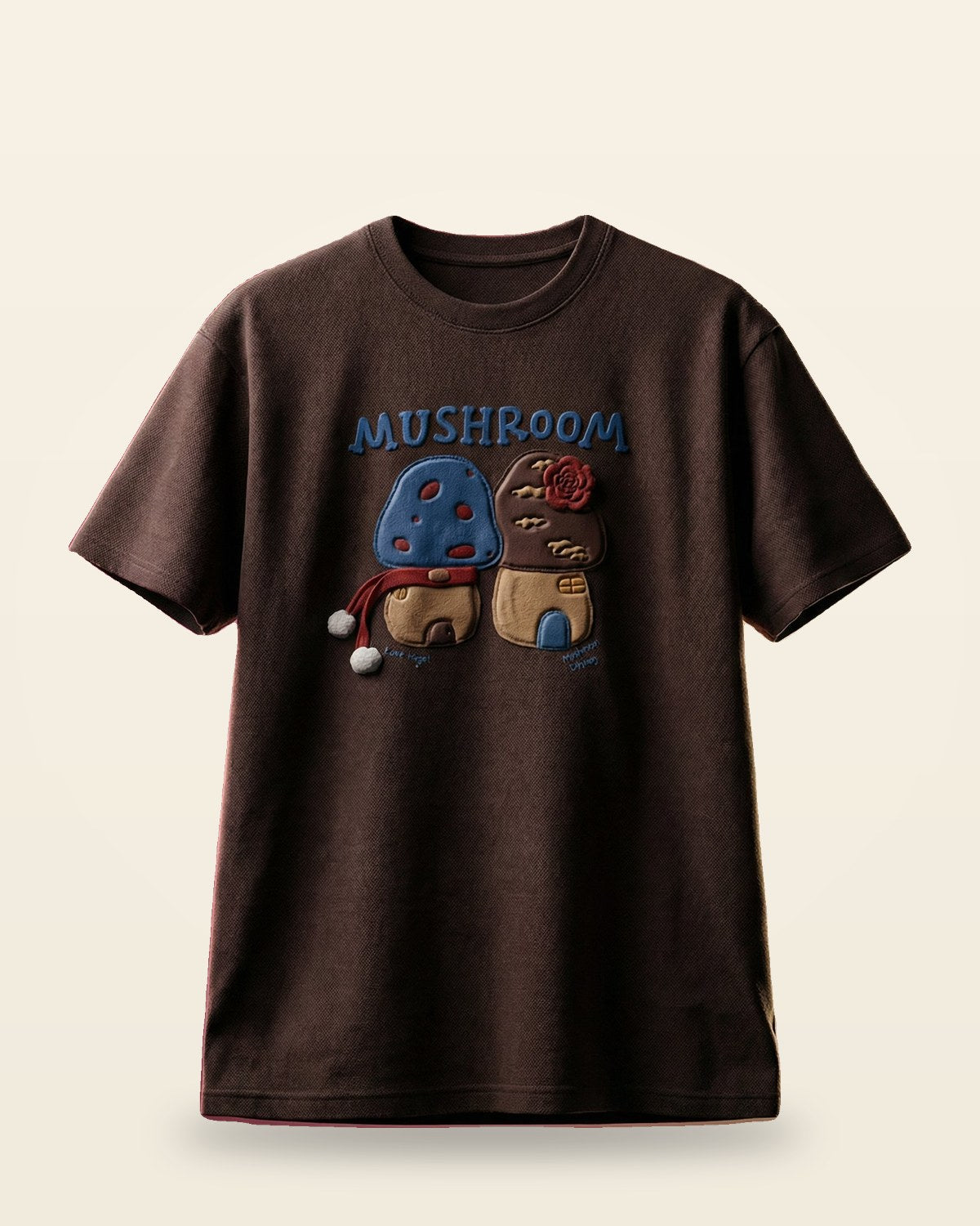 Mushroom Print Oversized Tee — Brown Drop Shoulder Fit