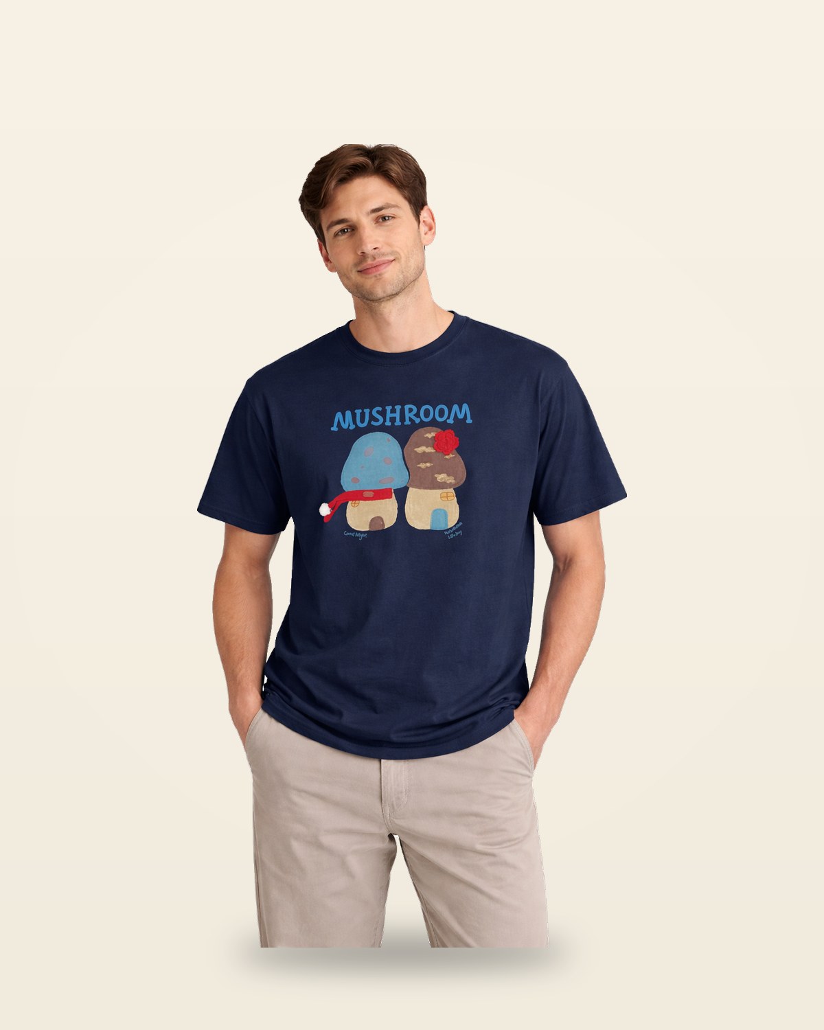 Mushroom Print Oversized Tee — Navy Cotton Fit