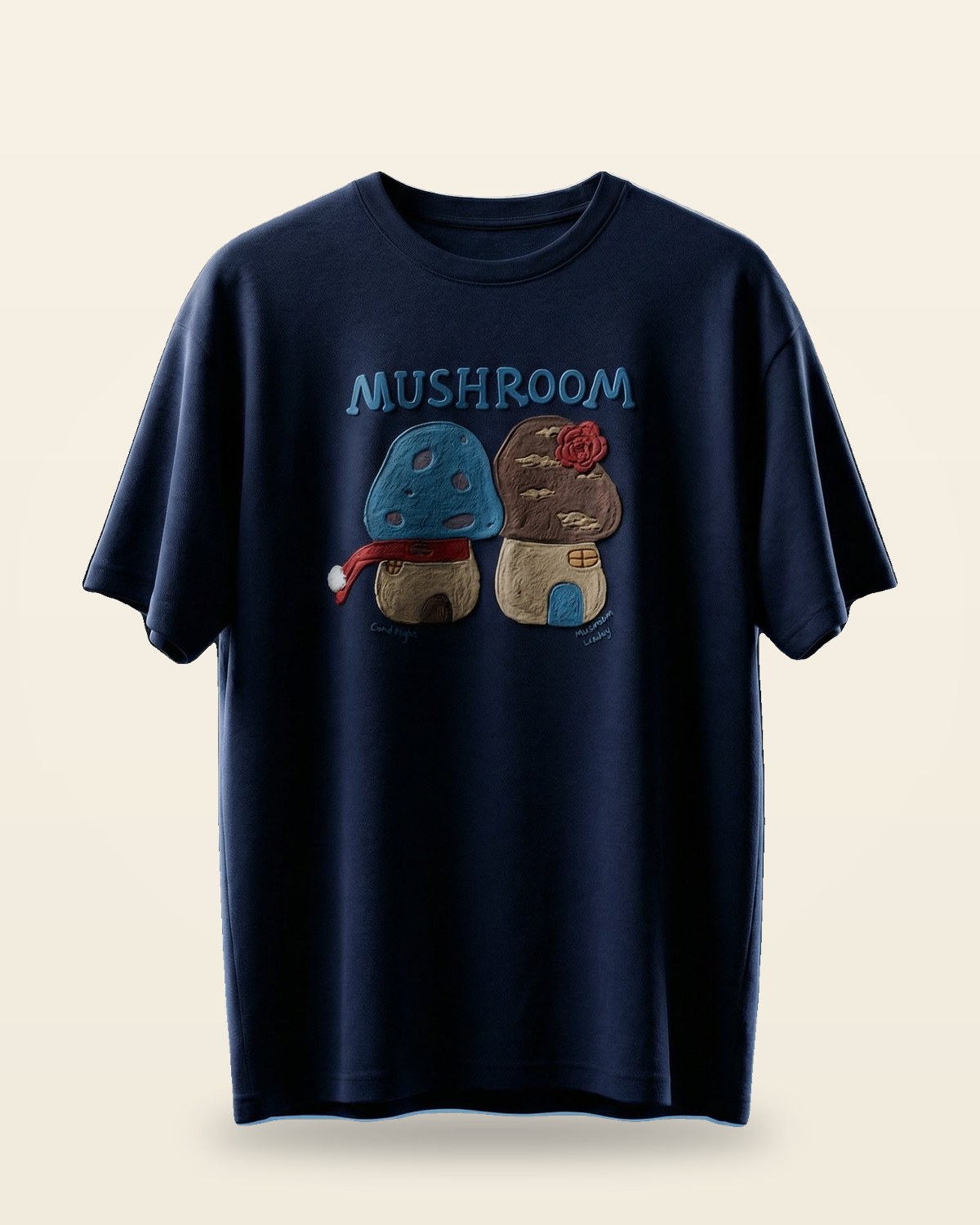 Mushroom Print Oversized Tee — Navy Streetwear Fit