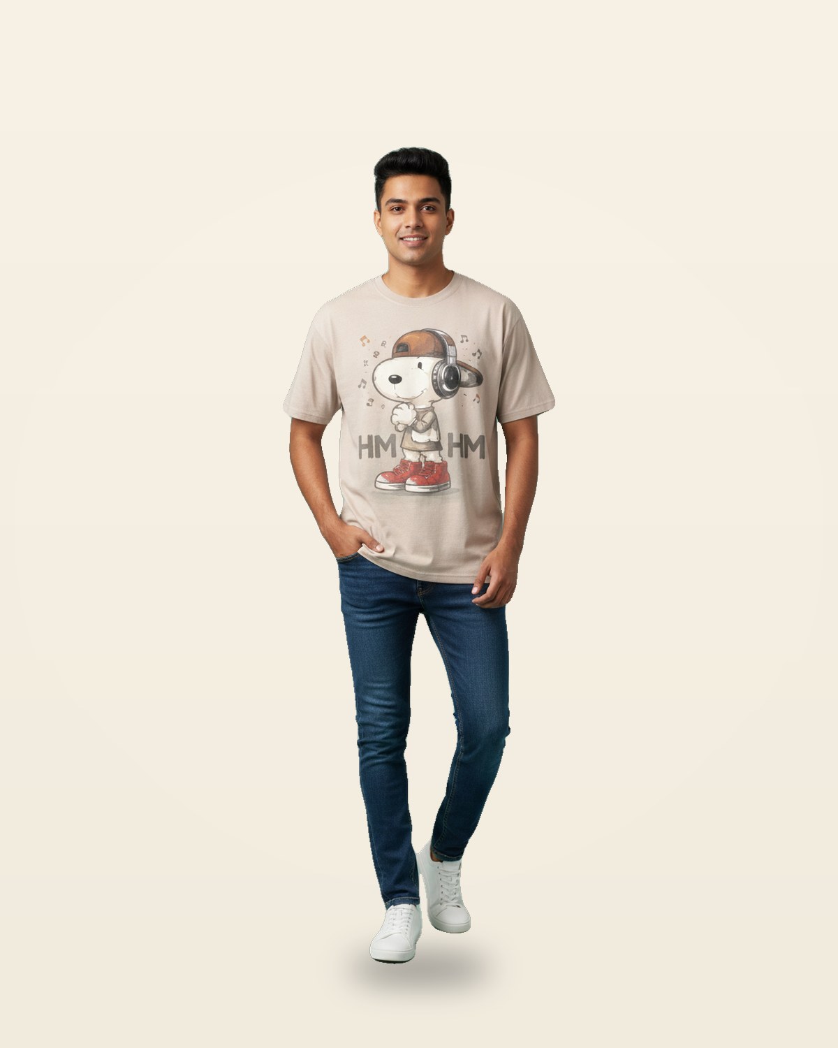 Music Beagle Graphic Oversized Tee — Beige