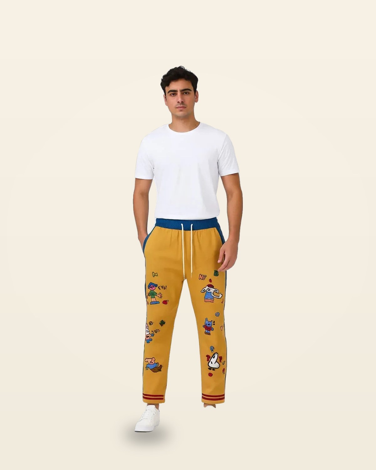 Mustard Joggers — Illustrated Character Print