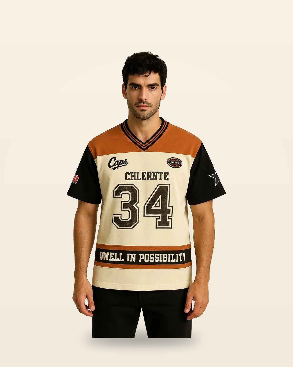 Number 34 Varsity Tee — Cream Tan Colorblock