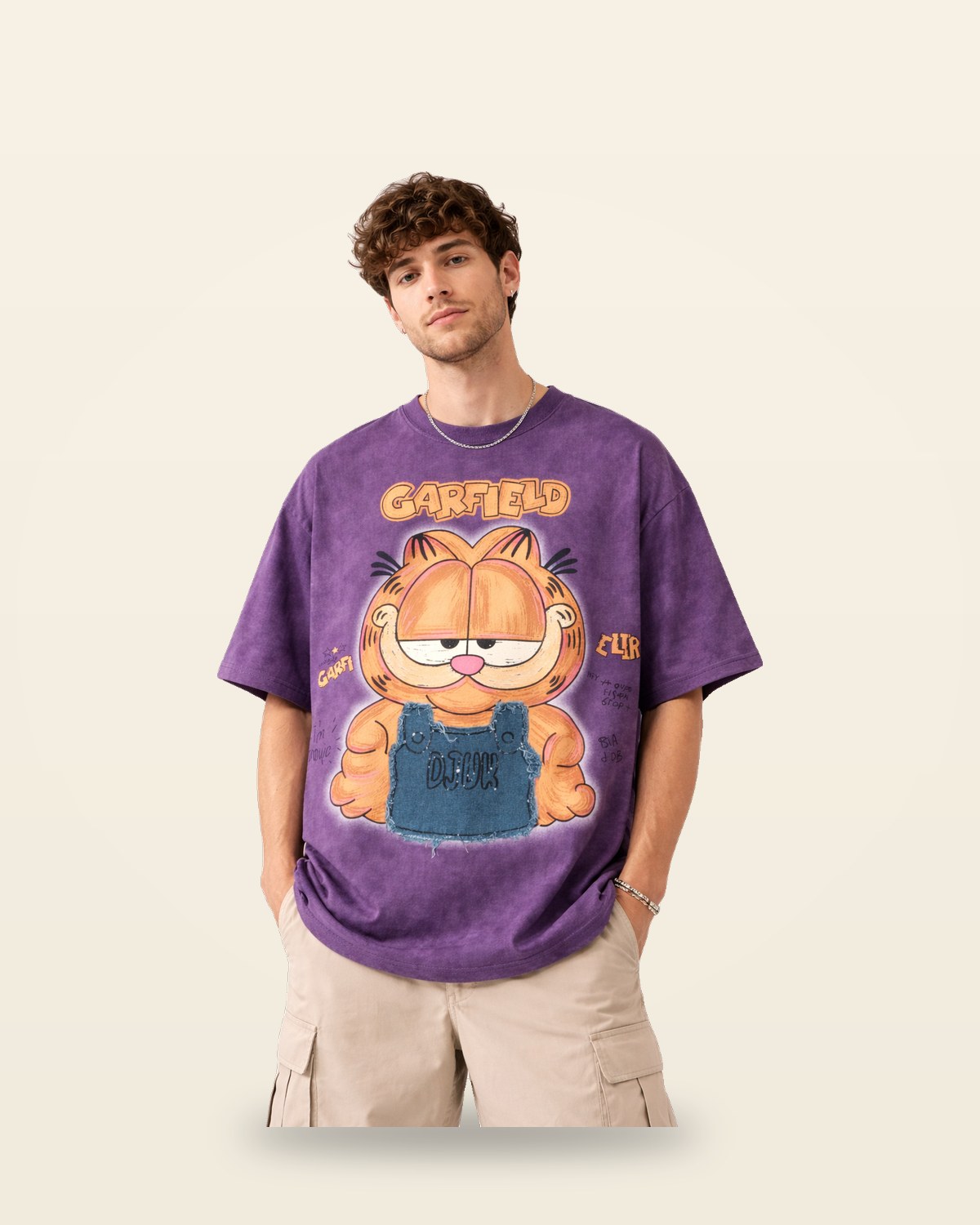Orange Cat Cartoon Oversized Tee — Purple