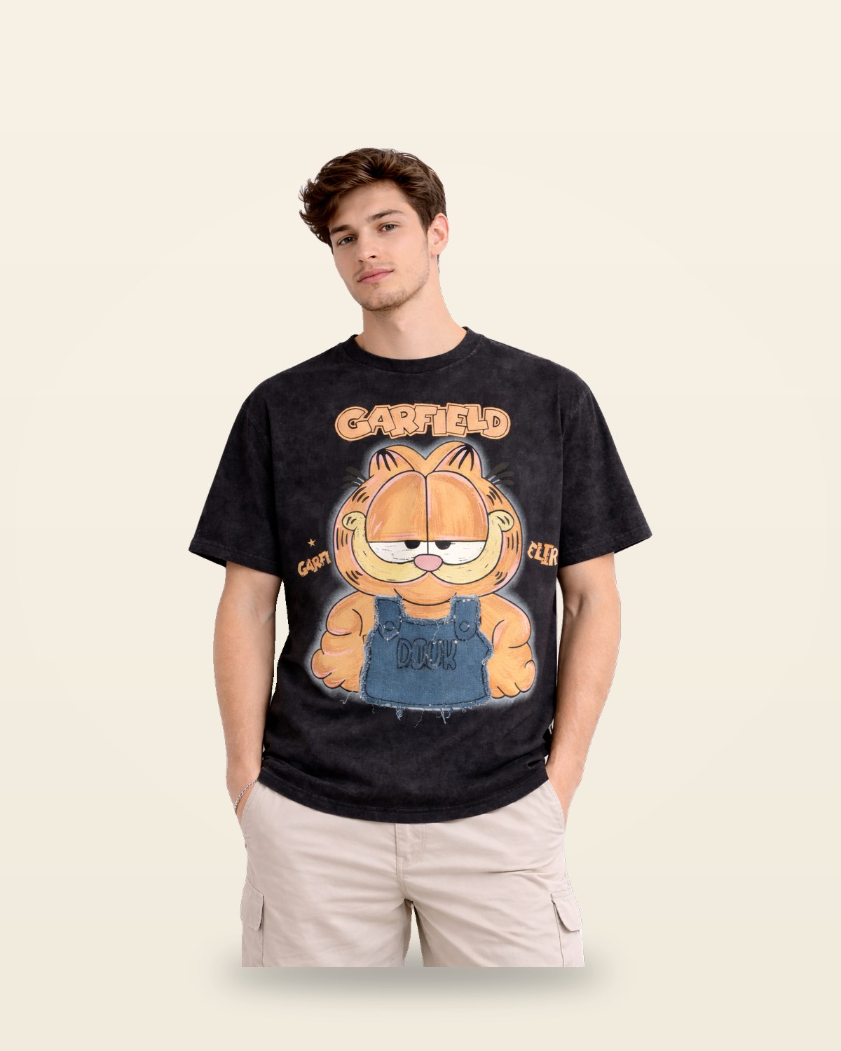 Orange Cat Graphic Oversized Tee — Black Cotton Fit