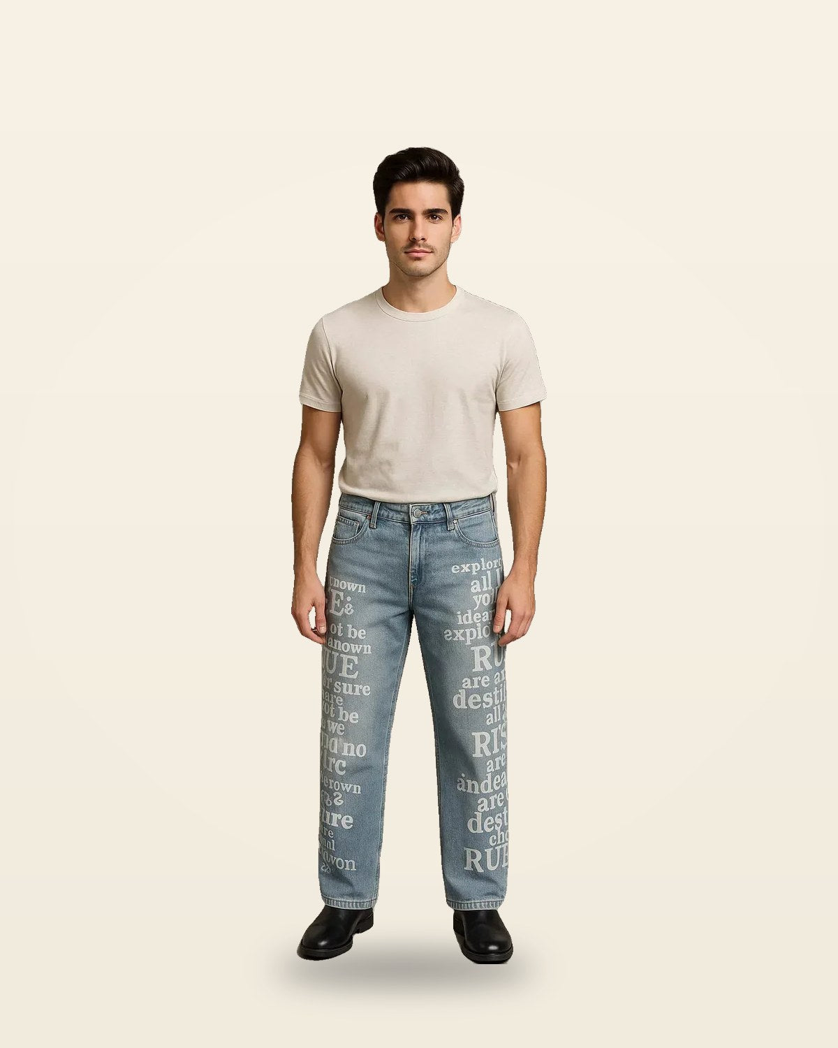 Oversized Text Print Wide-Leg Jeans — Light Blue Wash