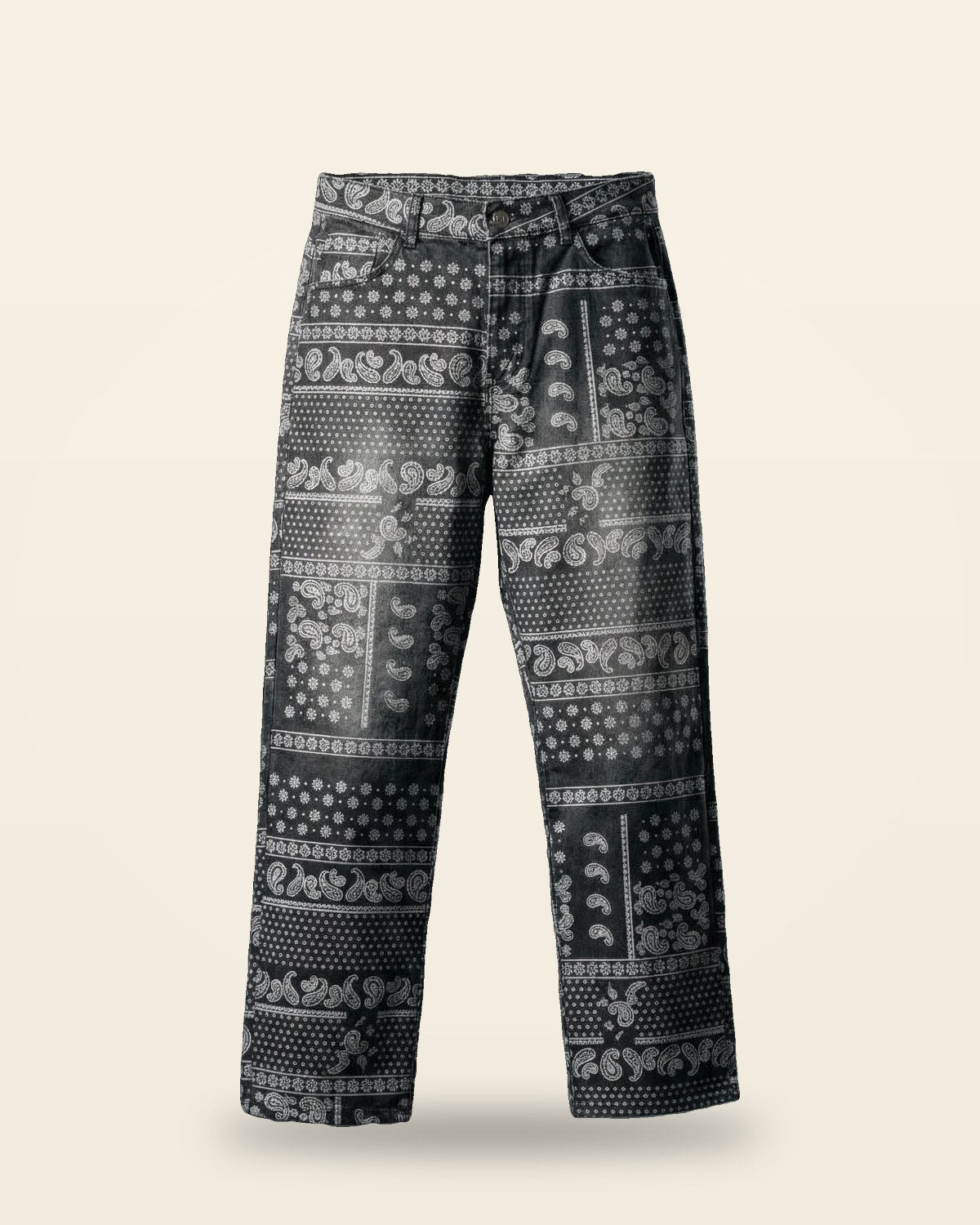 Paisley Patchwork Baggy Jeans — Black Wide Leg Denim