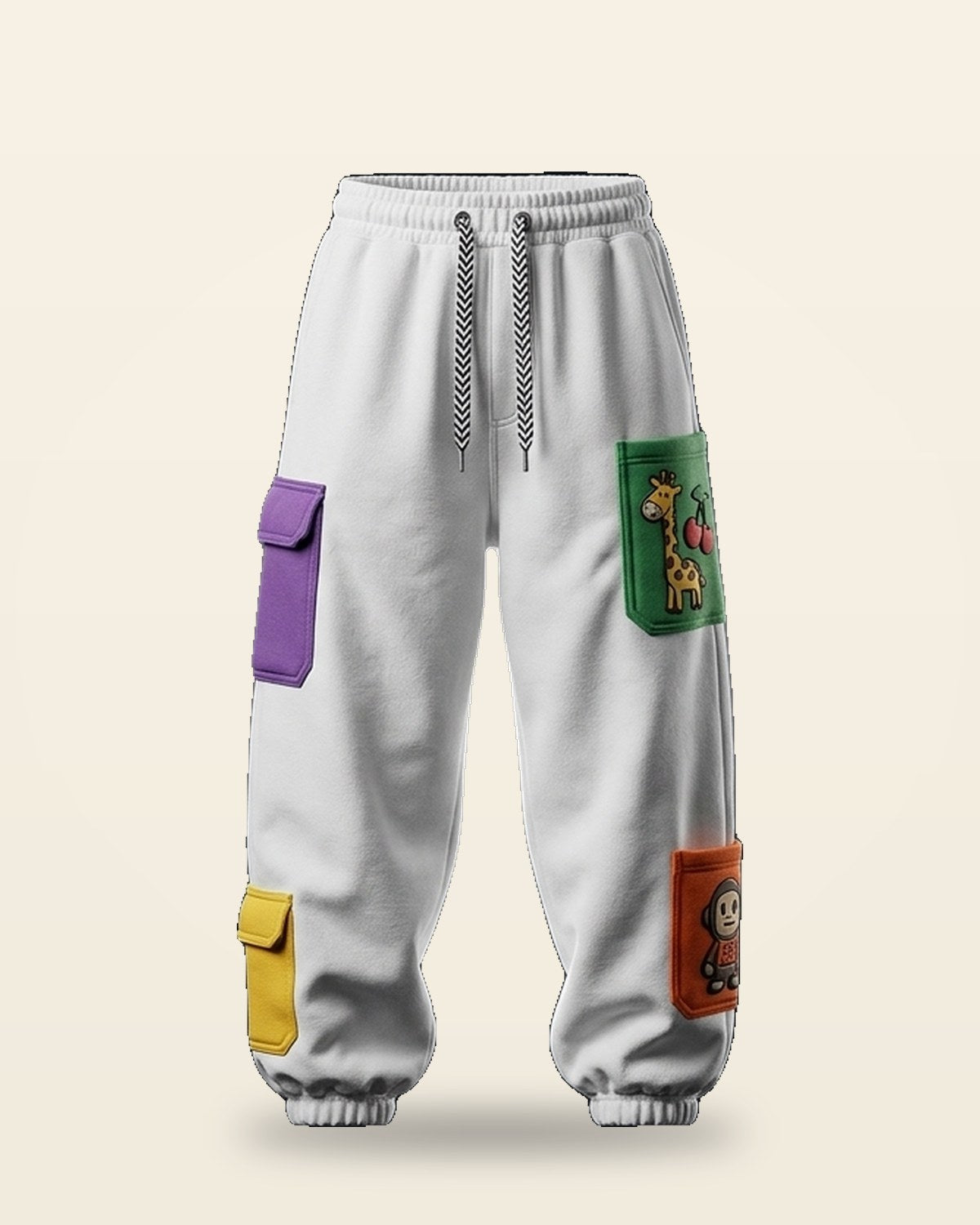 Patch-Detail Tapered Lowers — White, Relaxed Fit