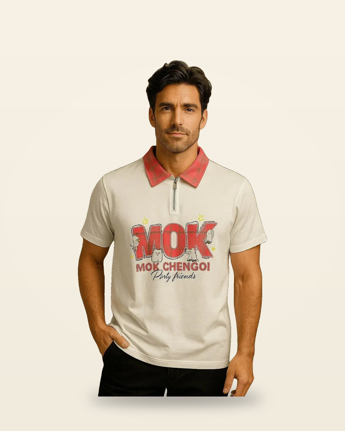 Plaid Collar Zip Polo — Type Print Graphic