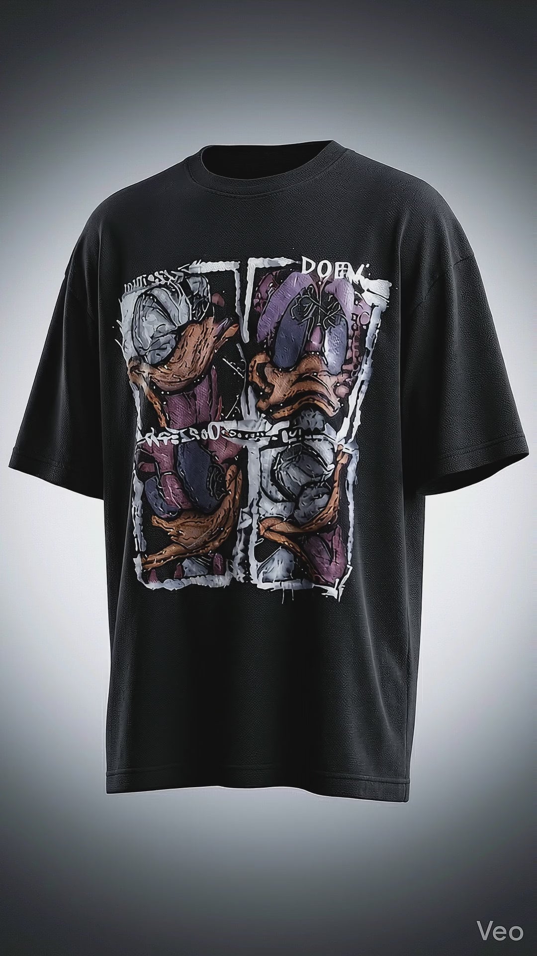 Abstract Cartoon Oversized Tee — Black Relaxed Fit