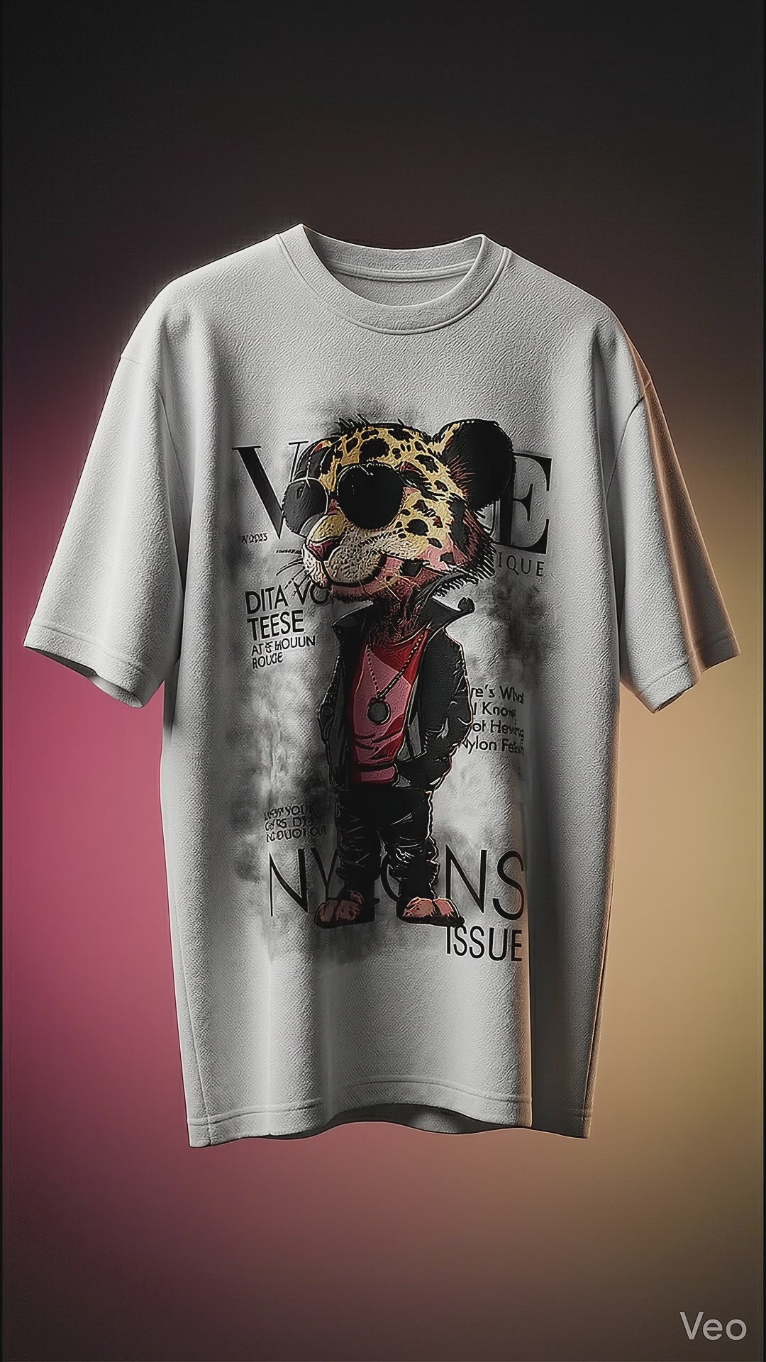 Leopard Character Graphic Tee — Grey Oversized Fit