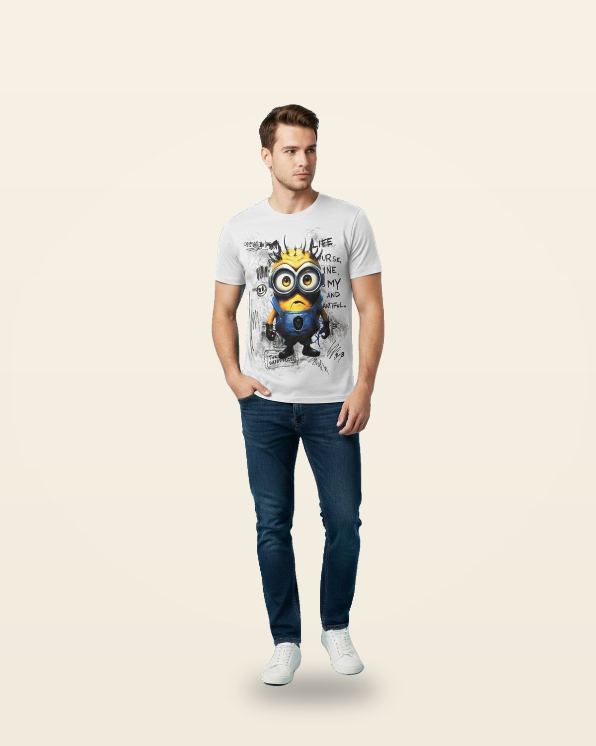 Retro Cartoon Print Oversized Tee — White
