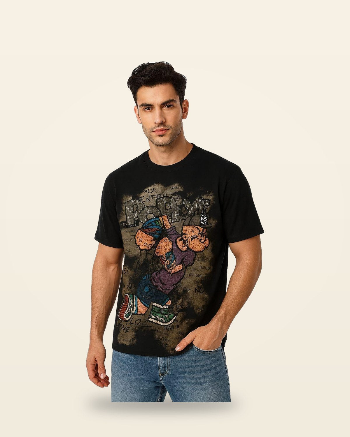 Retro Character Drop Shoulder Tee — Black Oversized Fit