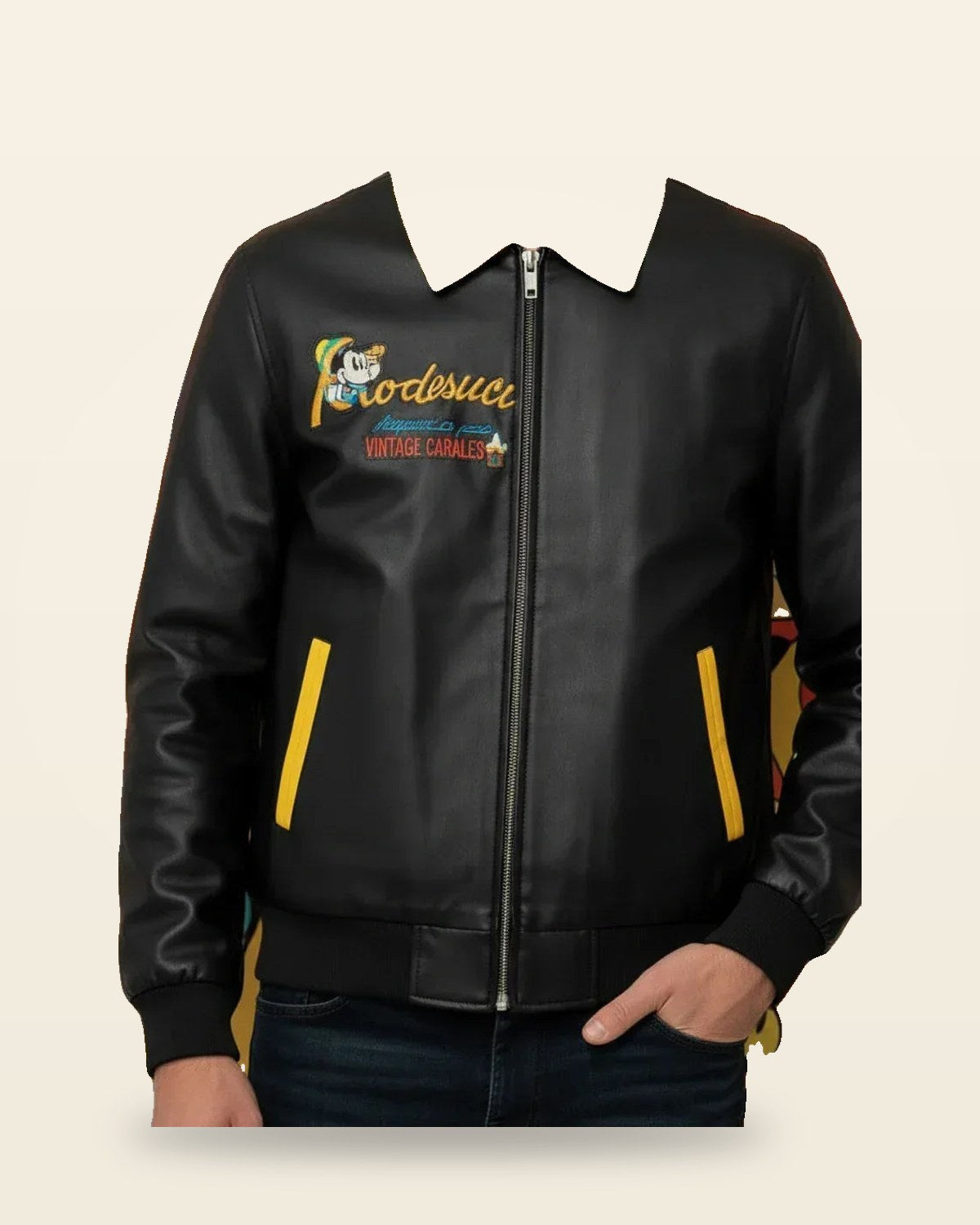 Retro Charactervegan leather Jacket — Vintage Graphic Print
